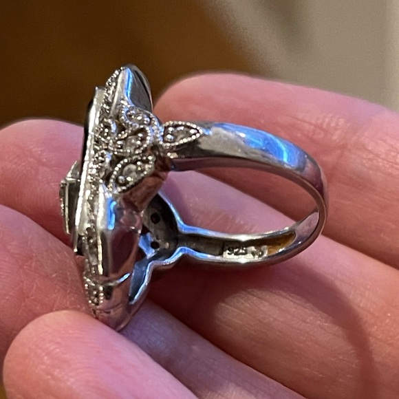 Art Deco style black onyx diamanté crystal sterling silver size 5.0 ring - Picture 8 of 11